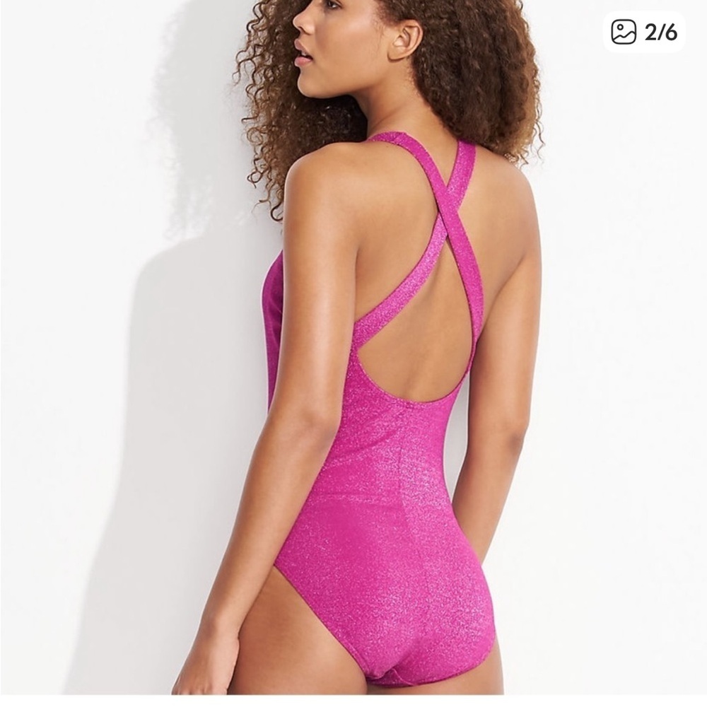 Lands End Tugless Shine X-Back One Piece Swimsuit Purple NWT Size 12 Petite - Picture 2 of 10
